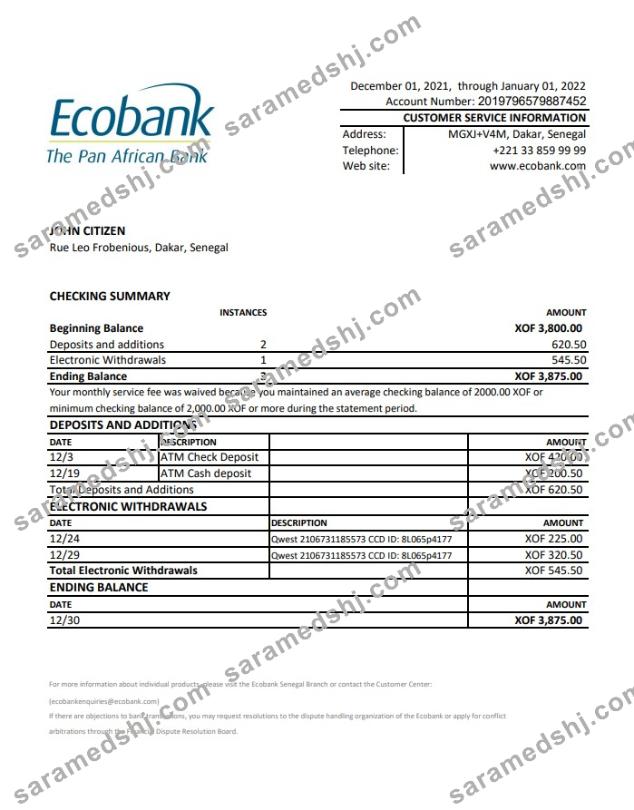 Senegal Ecobank bank statement xls